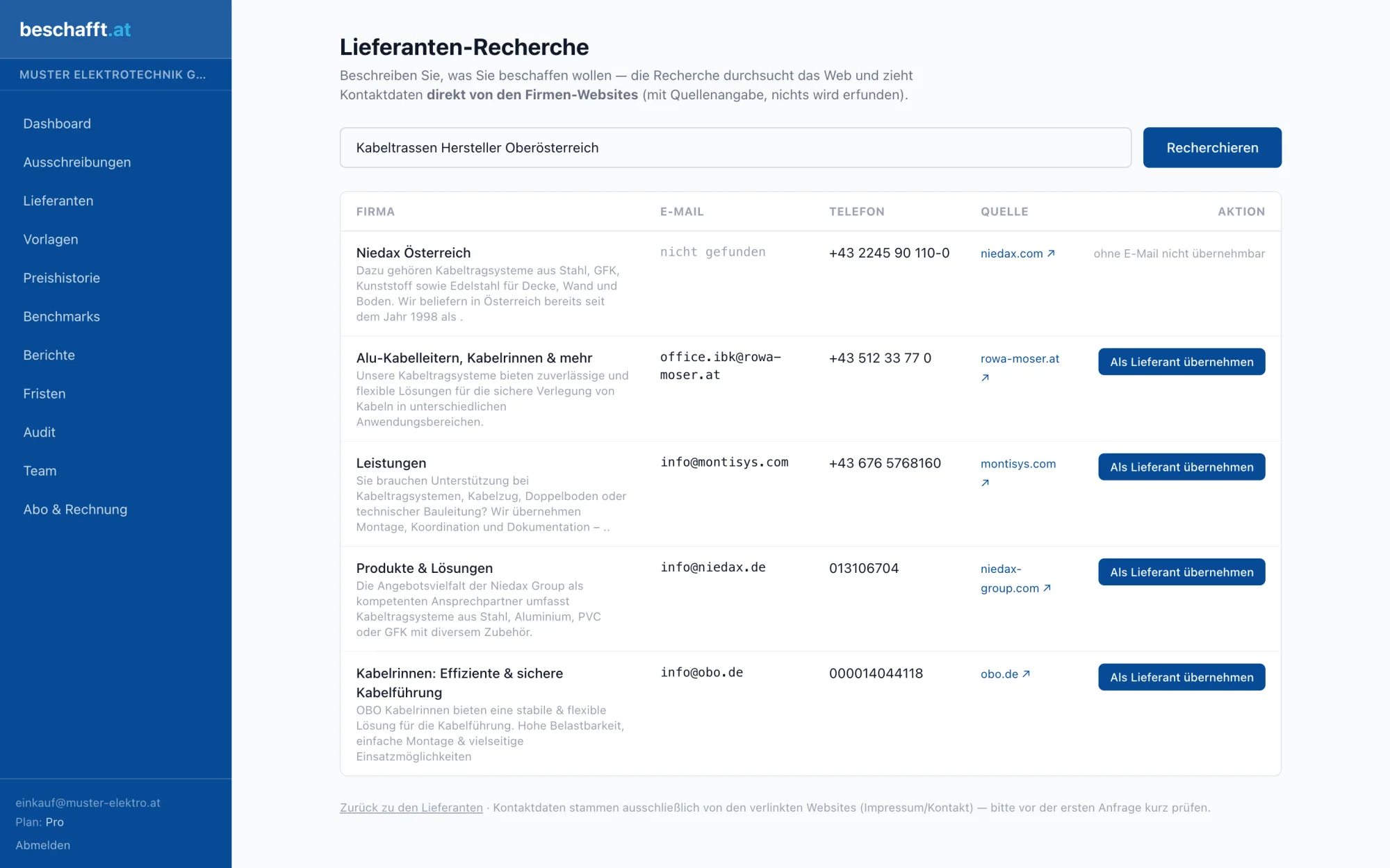Screenshot: KI-Lieferanten-Recherche in beschafft.de